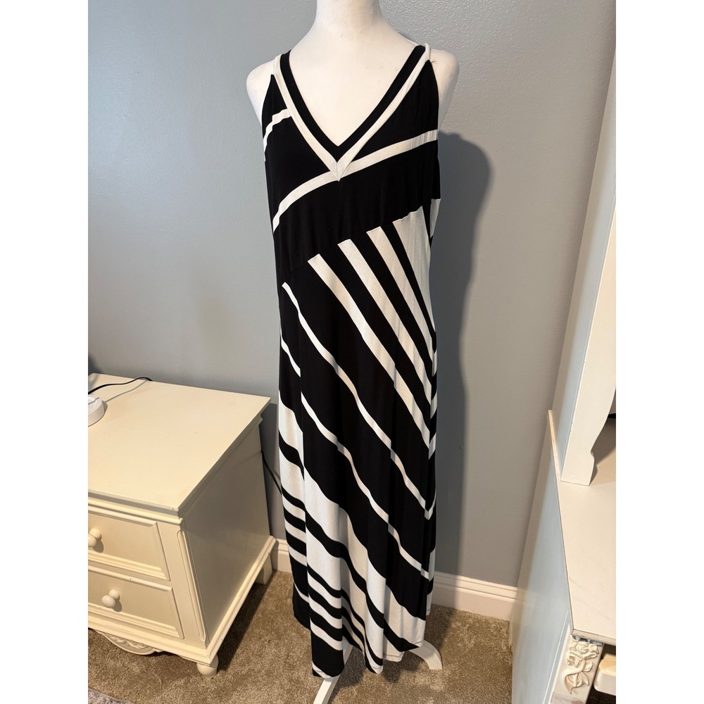 Peter Nygard Womens XL Black White Striped V-Neck Sleeveless Maxi Dress